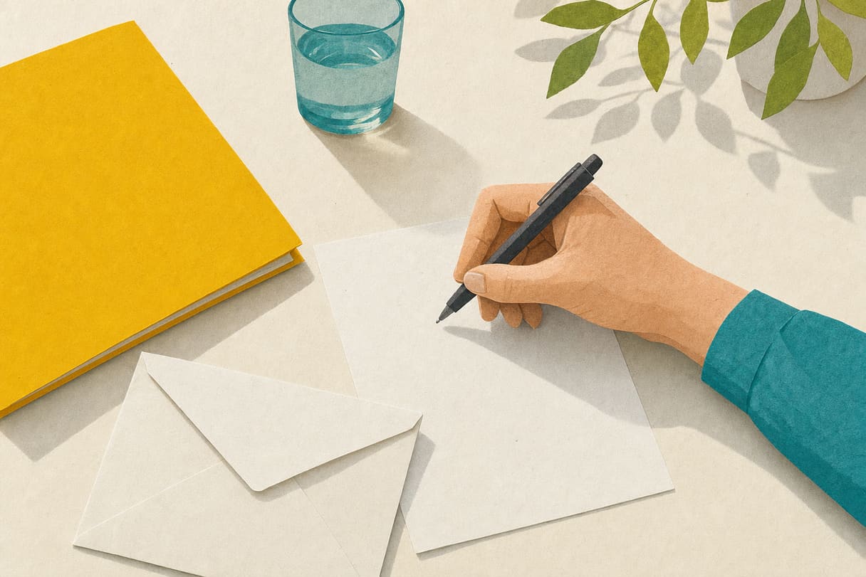 Umschlag und Stift liegen neben einem Notizblatt.