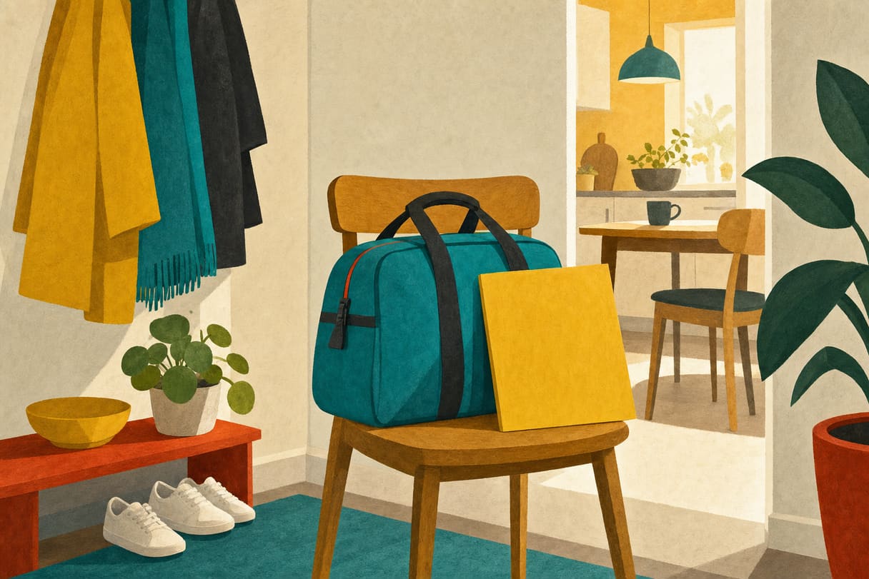 Eine Reisetasche und eine Mappe liegen zur Vorbereitung bereit.